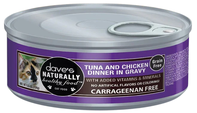 Dave's Pet Food Naturally Healthy Grain Free Tuna & Chicken Dinner in Gravy Canned Cat Food, 5.5 oz