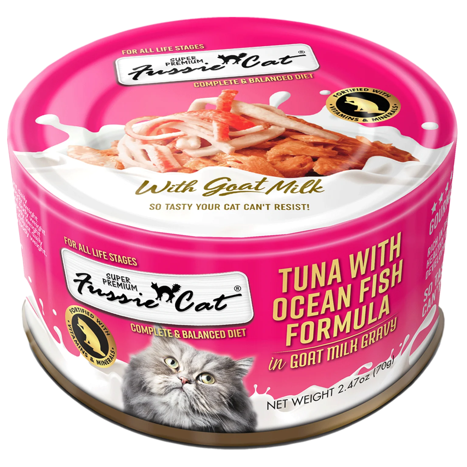 Fussie Cat Tuna with Oceanfish Formula in Goat Milk Gravy Canned Cat Food, 2.47oz