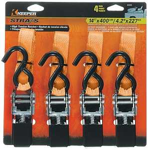 14'x1" Ratchet Tie-Down, Polyester, Gray, 400lb capacity, S-Hook End Fitting